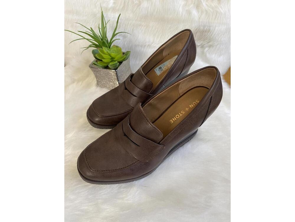 Sun + Stone Brown Leather Wedge Loafers Size 8.5